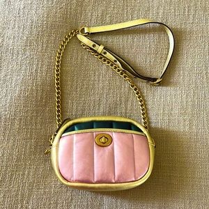 New Coach Quilted Pink & Gold Camera Bag | Crossbody Chain Strap